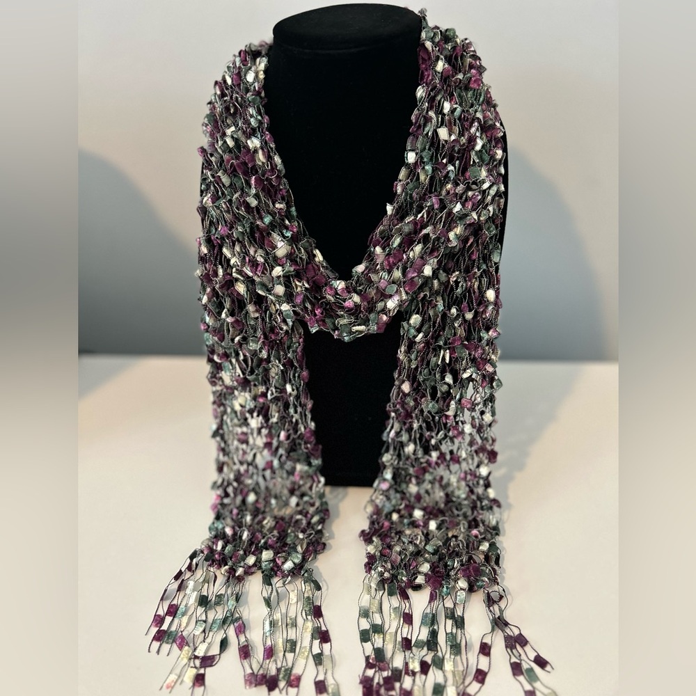 Elegant Sage Green/Dark Mauve/Ivory Ladder Ribbon Scarf